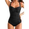 imageYonique Women One Piece Swimsuit Tummy Control Vintage Bathing Suit Ruched SwimwearBlack
