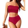 imageYonique Womens Bandeau Bikini Set Two Piece Smocked Swimsuits Ruffle Off Shoulder Bathing Suit with High Waisted BottomsRed