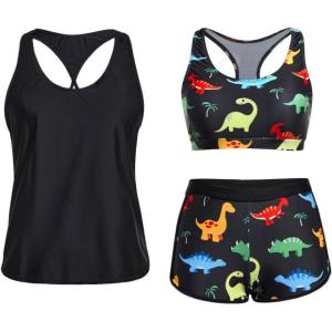imageYonique 3 Piece Athletic Tankini Swimsuits for Women with Shorts Swim Tank Tops with Sports Bra and Boyshorts Bathing SuitsBlack Colorful Dinosaur