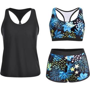 imageYonique 3 Piece Athletic Tankini Swimsuits for Women with Shorts Swim Tank Tops with Sports Bra and Boyshorts Bathing SuitsBlack Green Leaf Print 03