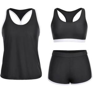 imageYonique 3 Piece Athletic Tankini Swimsuits for Women with Shorts Swim Tank Tops with Sports Bra and Boyshorts Bathing SuitsBlack White