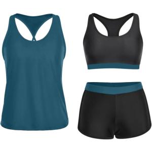 imageYonique 3 Piece Athletic Tankini Swimsuits for Women with Shorts Swim Tank Tops with Sports Bra and Boyshorts Bathing SuitsBlack and Blue 01