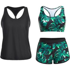 imageYonique 3 Piece Athletic Tankini Swimsuits for Women with Shorts Swim Tank Tops with Sports Bra and Boyshorts Bathing SuitsBlack and Green Leaves