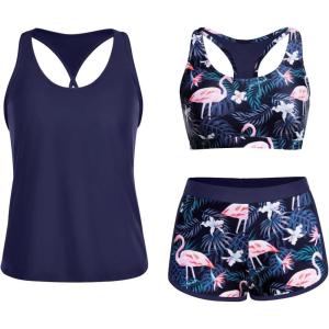 imageYonique 3 Piece Athletic Tankini Swimsuits for Women with Shorts Swim Tank Tops with Sports Bra and Boyshorts Bathing SuitsBlue  Flamingo