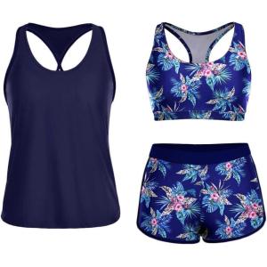 imageYonique 3 Piece Athletic Tankini Swimsuits for Women with Shorts Swim Tank Tops with Sports Bra and Boyshorts Bathing SuitsBlue Floral