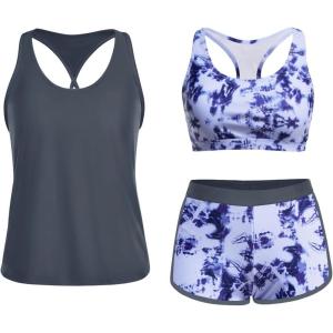imageYonique 3 Piece Athletic Tankini Swimsuits for Women with Shorts Swim Tank Tops with Sports Bra and Boyshorts Bathing SuitsBlue Tie Dye
