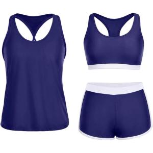 imageYonique 3 Piece Athletic Tankini Swimsuits for Women with Shorts Swim Tank Tops with Sports Bra and Boyshorts Bathing SuitsBlue White