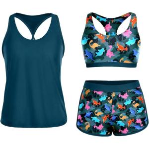 imageYonique 3 Piece Athletic Tankini Swimsuits for Women with Shorts Swim Tank Tops with Sports Bra and Boyshorts Bathing SuitsBlue and Green Dinosaur