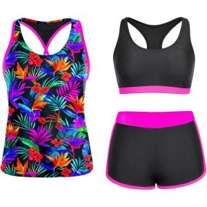 imageYonique 3 Piece Athletic Tankini Swimsuits for Women with Shorts Swim Tank Tops with Sports Bra and Boyshorts Bathing SuitsColorful Leaves