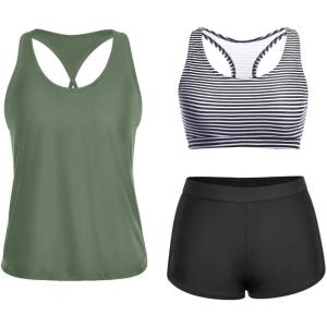 imageYonique 3 Piece Athletic Tankini Swimsuits for Women with Shorts Swim Tank Tops with Sports Bra and Boyshorts Bathing SuitsGreen and Stripe