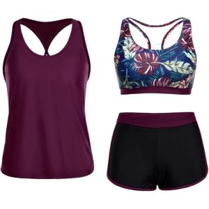imageYonique 3 Piece Athletic Tankini Swimsuits for Women with Shorts Swim Tank Tops with Sports Bra and Boyshorts Bathing SuitsMaroon