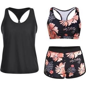 imageYonique 3 Piece Athletic Tankini Swimsuits for Women with Shorts Swim Tank Tops with Sports Bra and Boyshorts Bathing SuitsPink Floral  Black