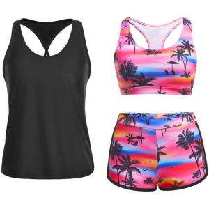 imageYonique 3 Piece Athletic Tankini Swimsuits for Women with Shorts Swim Tank Tops with Sports Bra and Boyshorts Bathing SuitsPink Tree