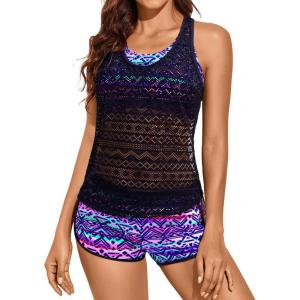 imageYonique 3 Piece Athletic Tankini Swimsuits for Women with Shorts Swim Tank Tops with Sports Bra and Boyshorts Bathing SuitsPurple