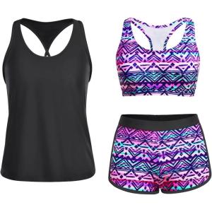 imageYonique 3 Piece Athletic Tankini Swimsuits for Women with Shorts Swim Tank Tops with Sports Bra and Boyshorts Bathing SuitsTribal Pattern