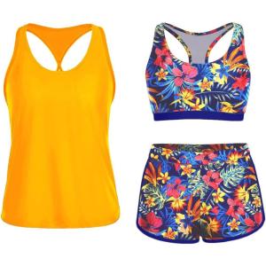 imageYonique 3 Piece Athletic Tankini Swimsuits for Women with Shorts Swim Tank Tops with Sports Bra and Boyshorts Bathing SuitsYellow  Floral