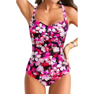 imageYonique Women One Piece Swimsuit Tummy Control Vintage Bathing Suit Ruched SwimwearPink White Flower