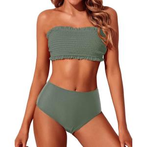 imageYonique Womens Bandeau Bikini Set Two Piece Smocked Swimsuits Ruffle Off Shoulder Bathing Suit with High Waisted BottomsArmy Green