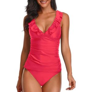 imageYonique Womens Two Piece Swimsuits Ruffle Flounce Tankini Tummy Control Bathing Suits V Neck Swimwear Red XL