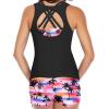 imageYonique Tankini Swimsuits for Women 3 Piece Bathing Suits Swim Tank Top with Boy Shorts and Bra Modest SwimwearBlack Purple Coconut