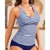 imageYonique Tummy Control Tankini Top Only V Neck Swim Top Twist Front Bathing Suit Top No BottomBlue and White Stripe