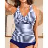 imageYonique Tummy Control Tankini Top Only V Neck Swim Top Twist Front Bathing Suit Top No BottomBlue and White Stripe
