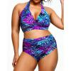 imageYonique Womens Two Piece Plus Size Halter Bikini Swimsuits Tummy Control Bathing Suits High Waisted SwimwearBlue Leaves