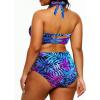 imageYonique Womens Two Piece Plus Size Halter Bikini Swimsuits Tummy Control Bathing Suits High Waisted SwimwearBlue Leaves