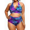 imageYonique Womens Two Piece Plus Size Halter Bikini Swimsuits Tummy Control Bathing Suits High Waisted SwimwearBlue Leaves