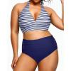 imageYonique Womens Two Piece Plus Size Halter Bikini Swimsuits Tummy Control Bathing Suits High Waisted SwimwearBlue and Stripe