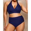 imageYonique Womens Two Piece Plus Size Halter Bikini Swimsuits Tummy Control Bathing Suits High Waisted SwimwearNavy Blue