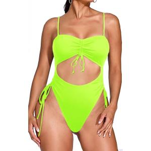 imageYonique Cut Out One Piece Swimsuit Drawstring Thong Bathing Suit High Cut SwimwearNeon Green