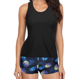 imageYonique Tankini Swimsuits for Women 3 Piece Bathing Suits Swim Tank Top with Boy Shorts and Bra Modest SwimwearBlack  Leaf 01