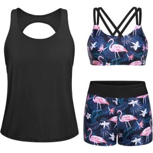 imageYonique Tankini Swimsuits for Women 3 Piece Bathing Suits Swim Tank Top with Boy Shorts and Bra Modest SwimwearBlack