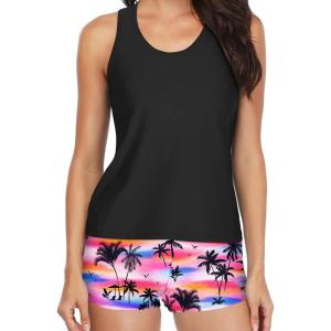 imageYonique Tankini Swimsuits for Women 3 Piece Bathing Suits Swim Tank Top with Boy Shorts and Bra Modest SwimwearBlack Purple Coconut