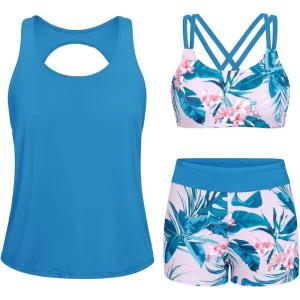 imageYonique Tankini Swimsuits for Women 3 Piece Bathing Suits Swim Tank Top with Boy Shorts and Bra Modest SwimwearBlue Flower