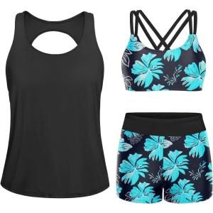 imageYonique Tankini Swimsuits for Women 3 Piece Bathing Suits Swim Tank Top with Boy Shorts and Bra Modest SwimwearBright Blue Flower