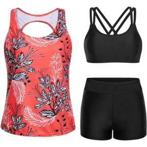 imageYonique Tankini Swimsuits for Women 3 Piece Bathing Suits Swim Tank Top with Boy Shorts and Bra Modest SwimwearRed Floral