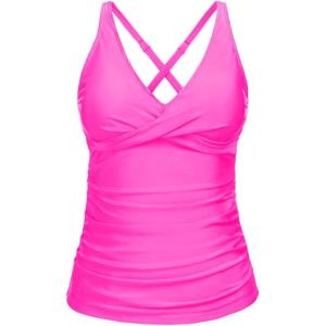 imageYonique Tummy Control Tankini Top Only V Neck Swim Top Twist Front Bathing Suit Top No BottomHot Pink
