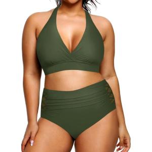 imageYonique Womens Two Piece Plus Size Halter Bikini Swimsuits Tummy Control Bathing Suits High Waisted SwimwearArmy Green