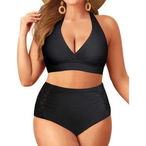 imageYonique Womens Two Piece Plus Size Halter Bikini Swimsuits Tummy Control Bathing Suits High Waisted SwimwearBlack 01