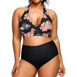 imageYonique Womens Two Piece Plus Size Halter Bikini Swimsuits Tummy Control Bathing Suits High Waisted SwimwearBlack and Flower