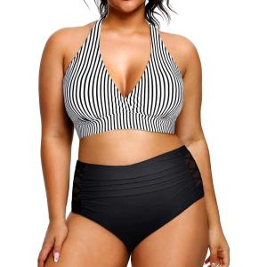 imageYonique Womens Two Piece Plus Size Halter Bikini Swimsuits Tummy Control Bathing Suits High Waisted SwimwearBlack and Stripe