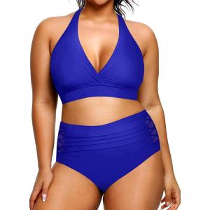imageYonique Womens Two Piece Plus Size Halter Bikini Swimsuits Tummy Control Bathing Suits High Waisted SwimwearBlue
