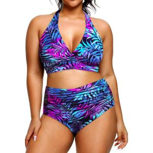 imageYonique Womens Two Piece Plus Size Halter Bikini Swimsuits Tummy Control Bathing Suits High Waisted SwimwearBlue Leaves
