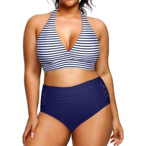 imageYonique Womens Two Piece Plus Size Halter Bikini Swimsuits Tummy Control Bathing Suits High Waisted SwimwearBlue and Stripe