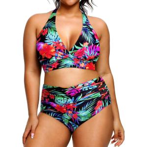 imageYonique Womens Two Piece Plus Size Halter Bikini Swimsuits Tummy Control Bathing Suits High Waisted SwimwearFloral