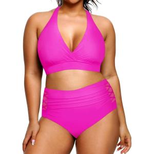 imageYonique Womens Two Piece Plus Size Halter Bikini Swimsuits Tummy Control Bathing Suits High Waisted SwimwearHot Pink
