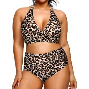 imageYonique Womens Two Piece Plus Size Halter Bikini Swimsuits Tummy Control Bathing Suits High Waisted SwimwearLeopard 02