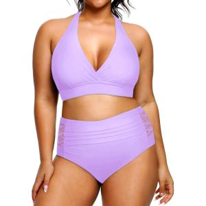 imageYonique Womens Two Piece Plus Size Halter Bikini Swimsuits Tummy Control Bathing Suits High Waisted SwimwearLevender